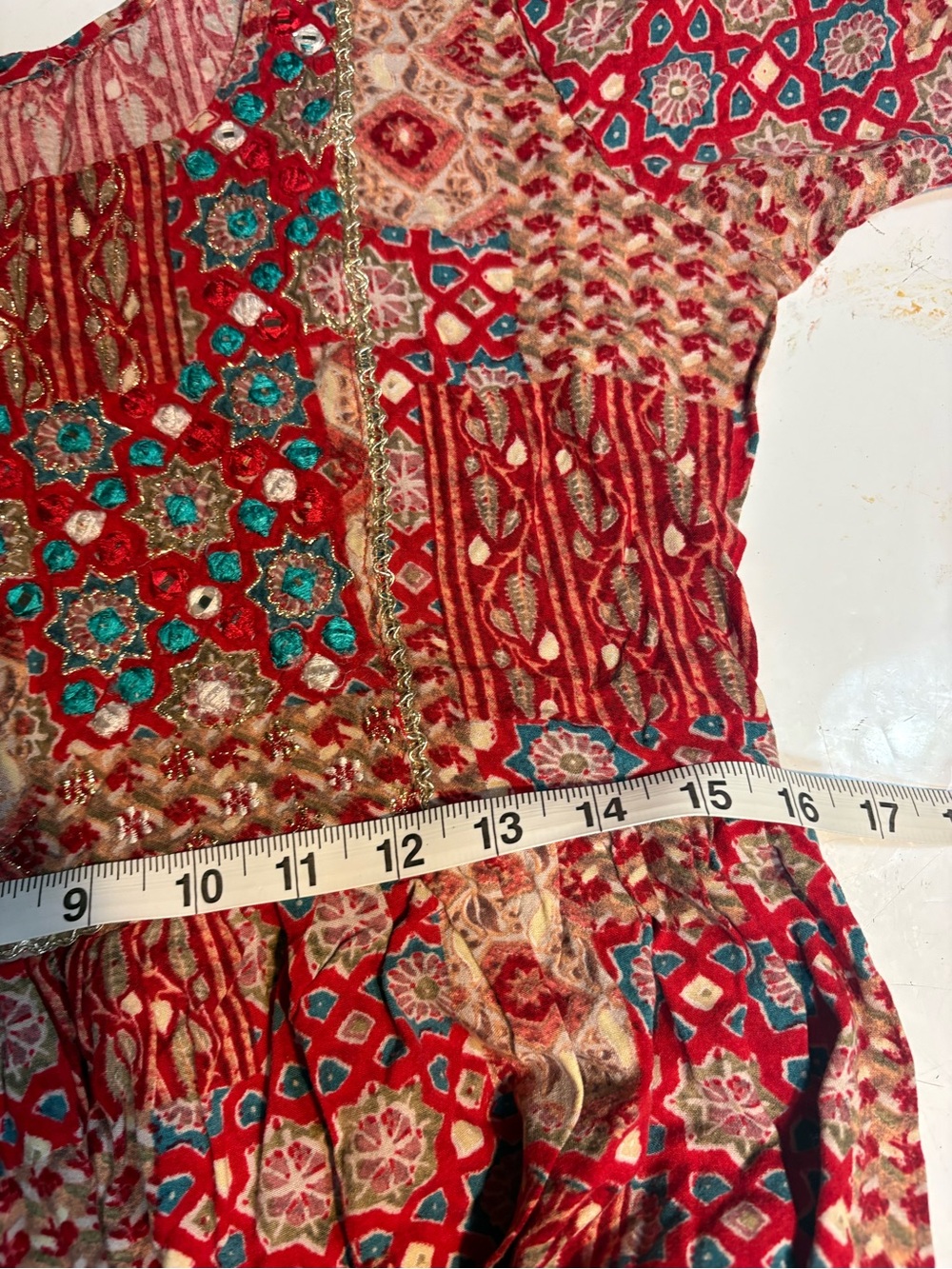 India Red patchwork crinkle boho midi dress d4 - Picture 5 of 10